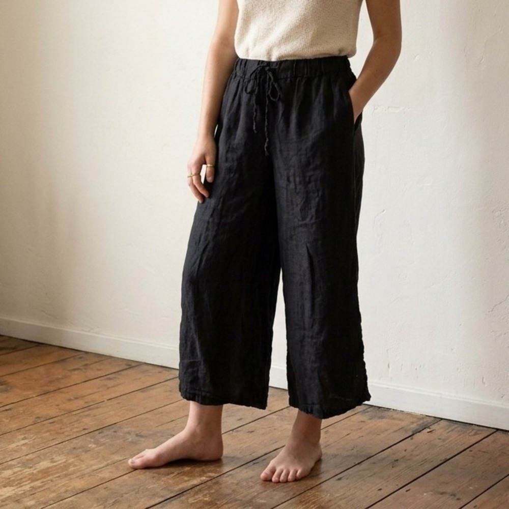 Meo Men Womens Pants One Size Black 100% Linen Drawstring Wide Leg Coastal